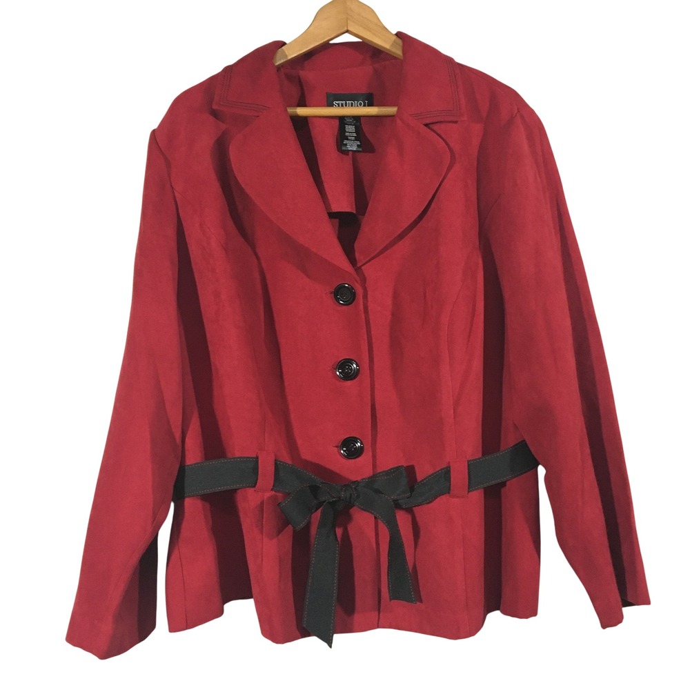 Studio I Red Moleskin Blazer Jacket Belted Bow Tie‎ Women's Plus Size 22W